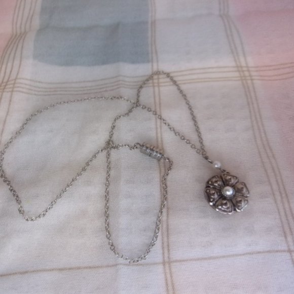 Pearl Accent Silver Tone Floret Locket Necklace - Picture 5 of 11